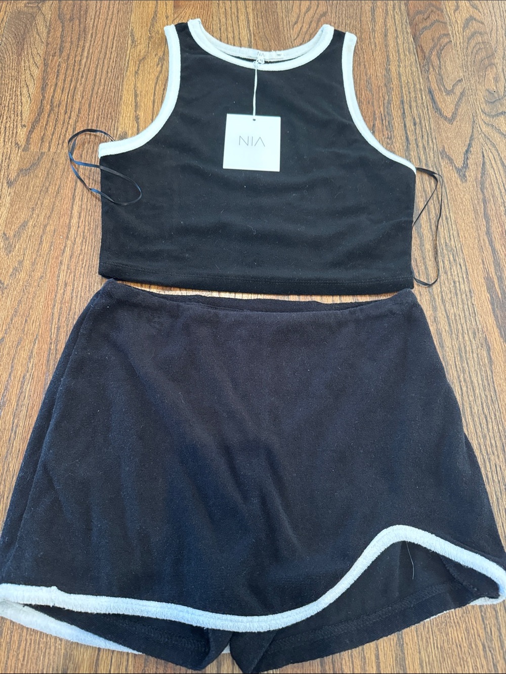 NIA Black Crop Tank Top and Shorts Set with White Trim.  Skort.  Top new.  XS